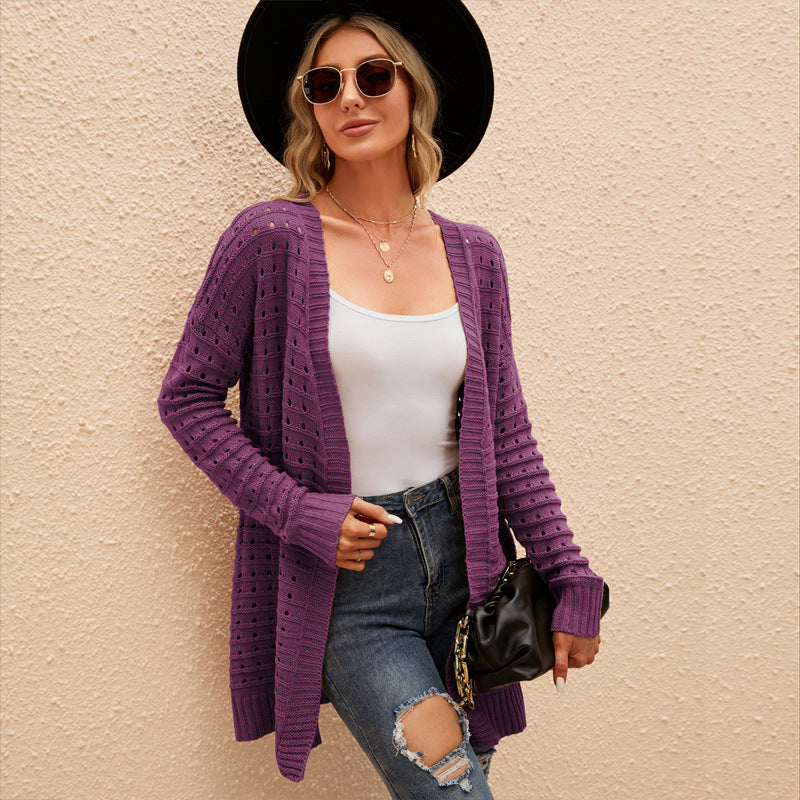 Mid-Length Sweater Outer Wear Ol Commuter Loose Knitted Coat Versatile Solid Color Long Sleeve Sweater Cardigan