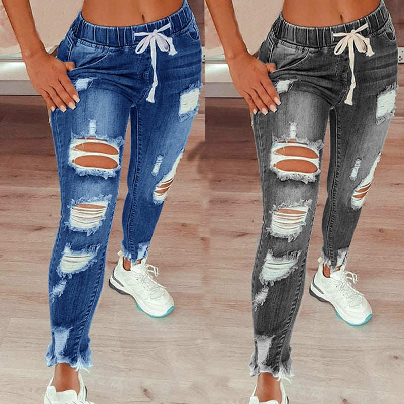 Women's Washed Drawstring Ripped Jeans Casual Street Hipster Jeans