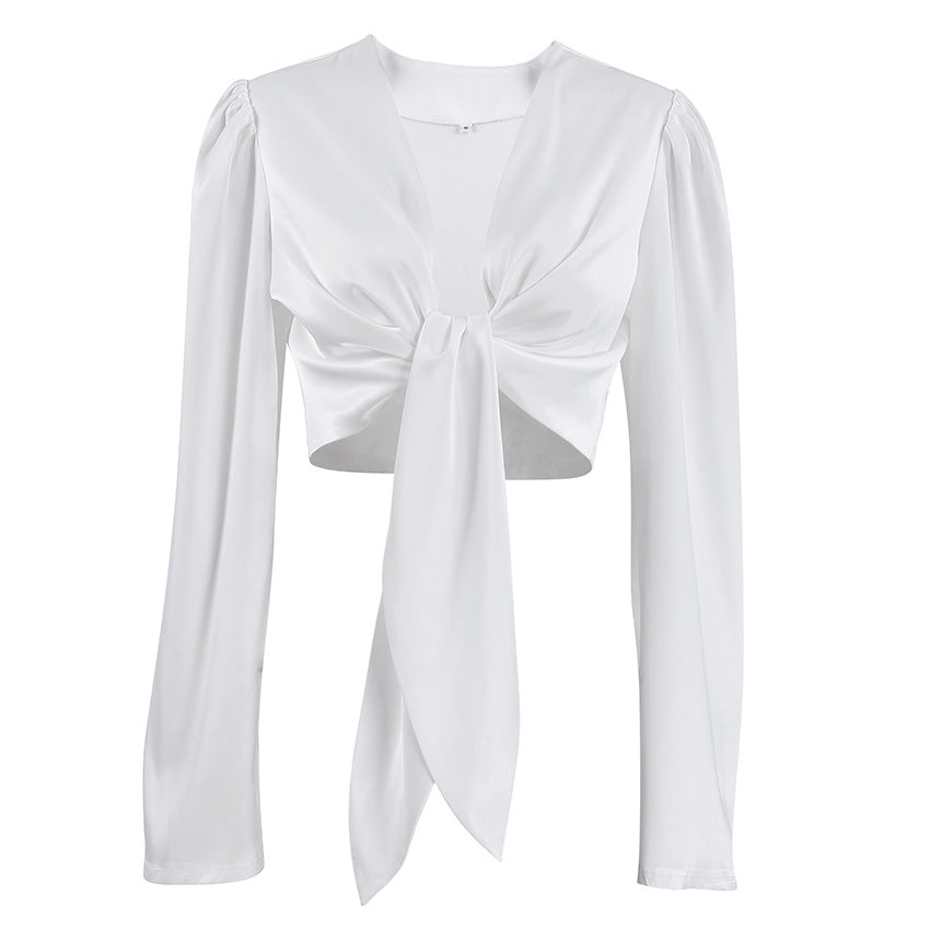 Satin Design Niche Shirt Bow Short Faux Silk Shirt Advanced Sense of Service