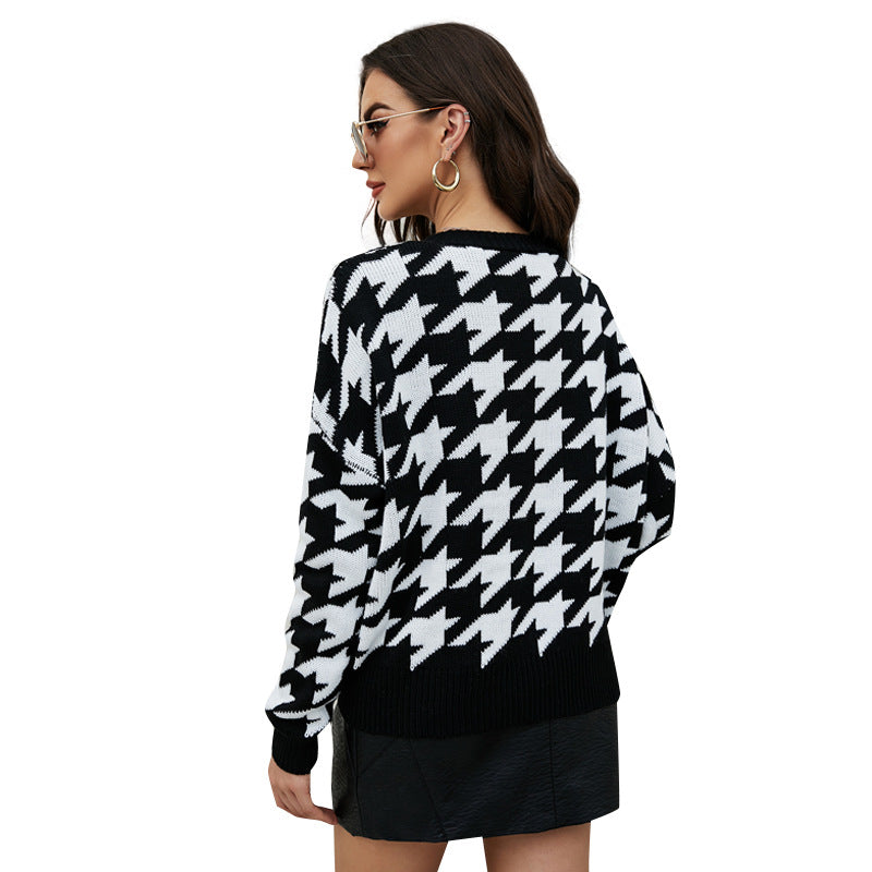 Houndstooth Loose Sweater Coat Fashion V-neck Long Sleeve Knitted Cardigan