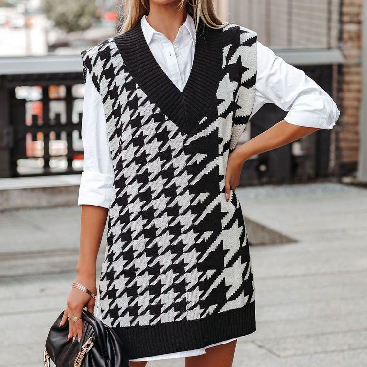 Houndstooth V-neck Loose Sweater Ladies' Vest Vest