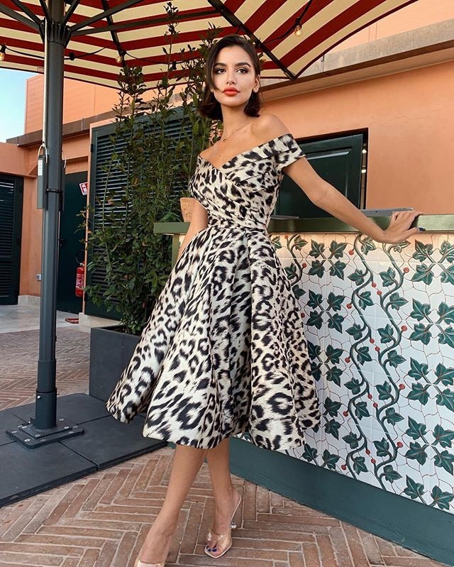 Raglan Sleeve Dress Leopard-Print Slim-Fit Dress
