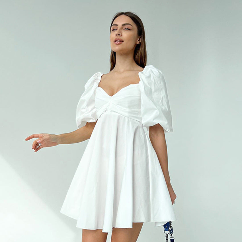 European and American Solid Color Girl's Dress Two-Way Wear Cold-Shoulder Elegant High Waist Puff Sleeve Slim White Dress Dress