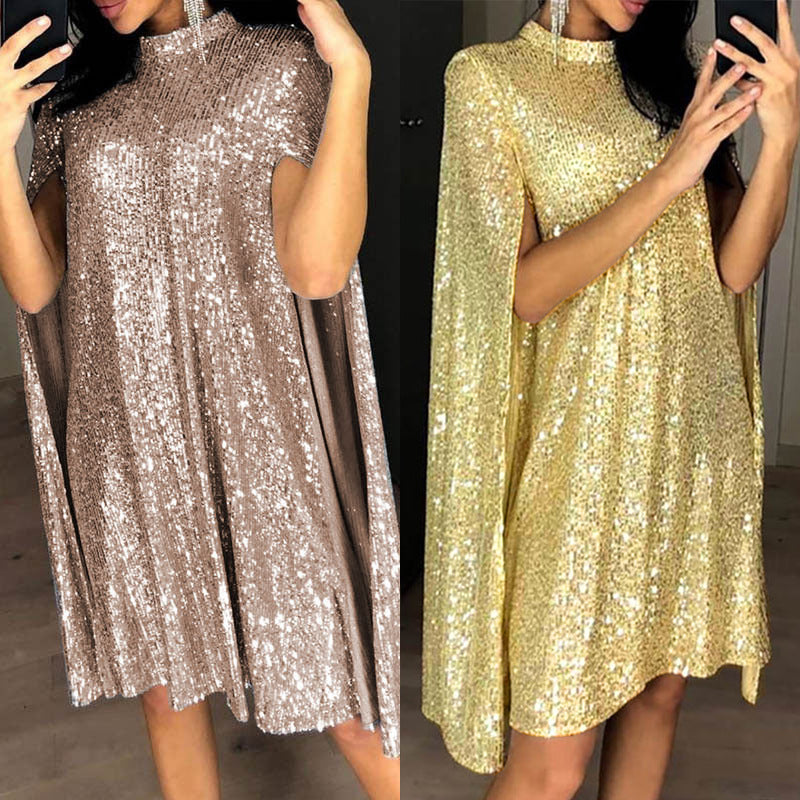 Small Stand Collar Sequins Dress Loose