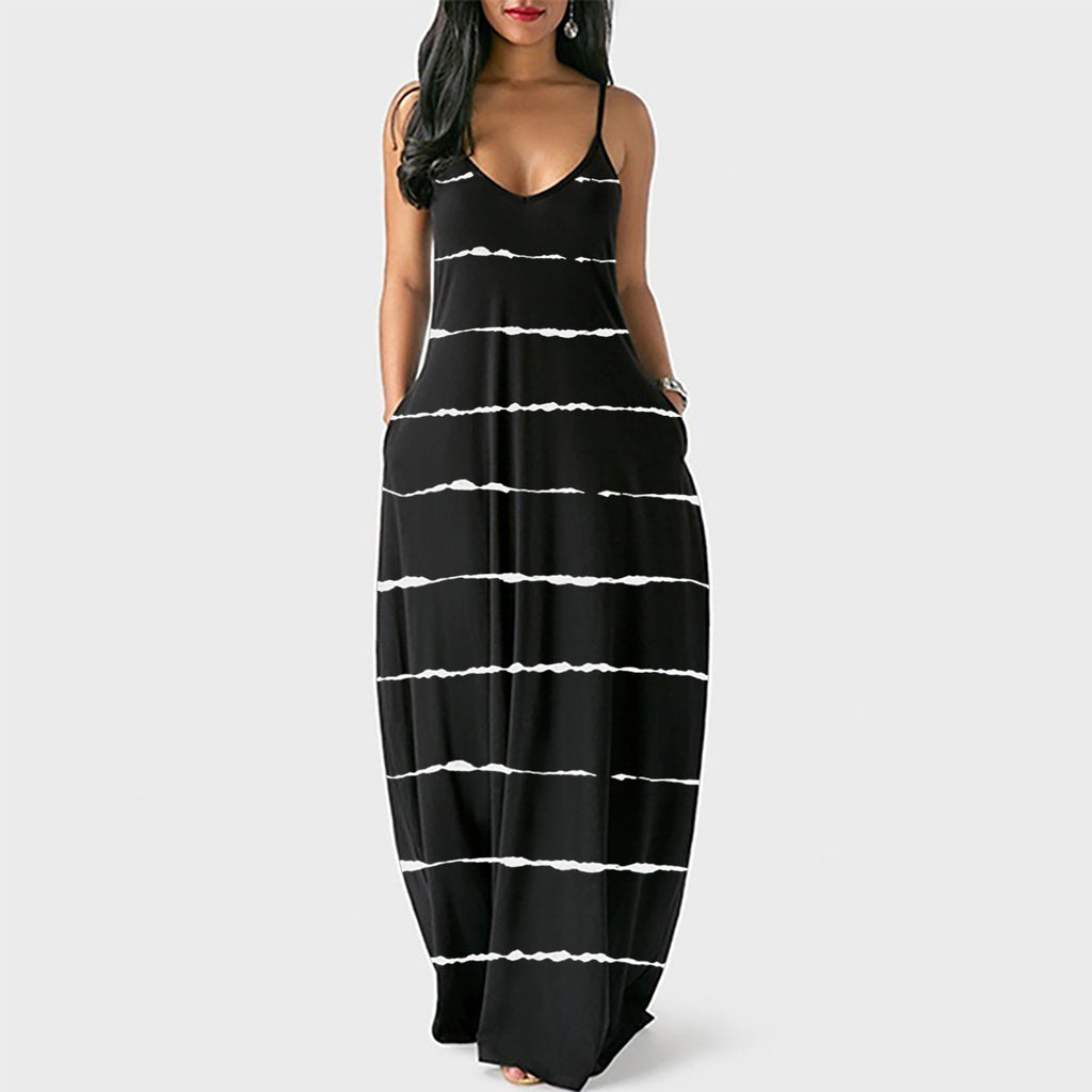 Striped Printed Sexy Deep V Strap Long Dress