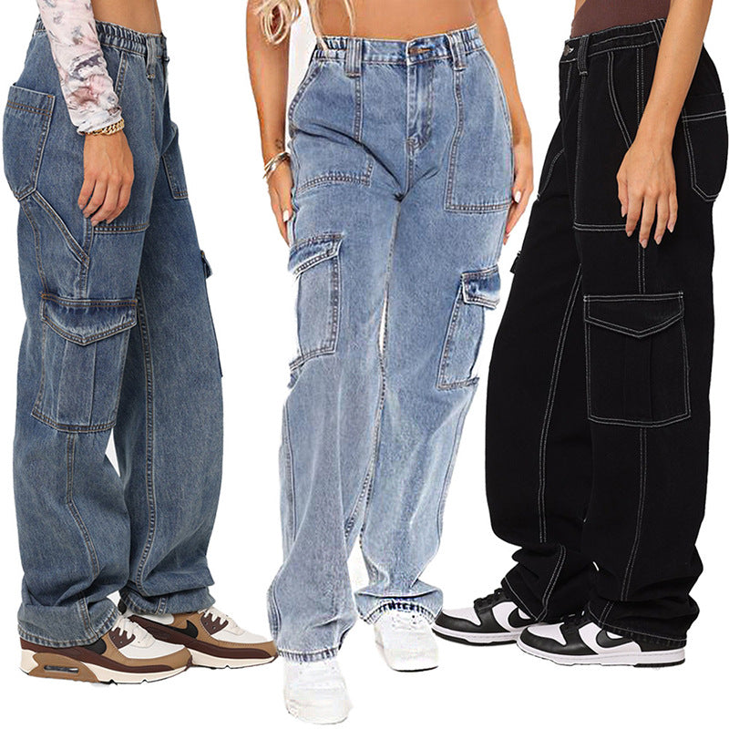 Bestseller Cargo Jeans Women's Multi-Pocket Wide-Leg Jeans
