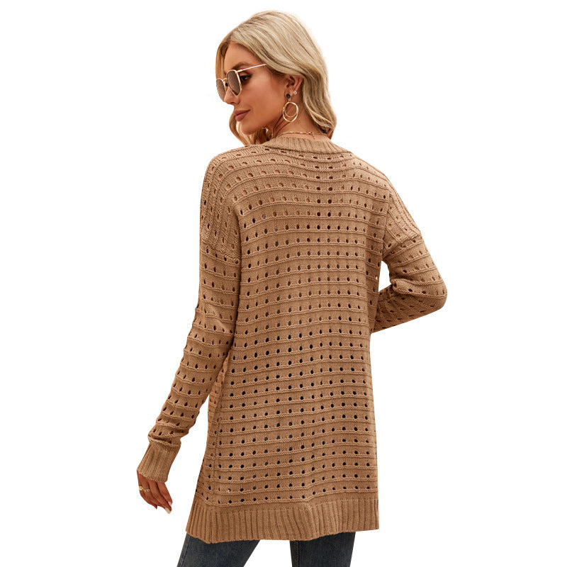 Mid-Length Sweater Outer Wear Ol Commuter Loose Knitted Coat Versatile Solid Color Long Sleeve Sweater Cardigan