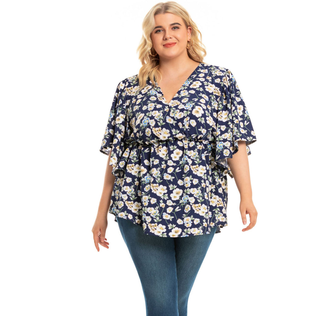Flying Sleeves Loose V-neck plus Size European and American Ladies Top