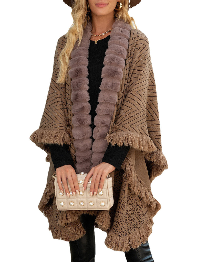 Autumn And Winter New Light Luxury Fur Collar Tassel Shawl Sweater Cloak
