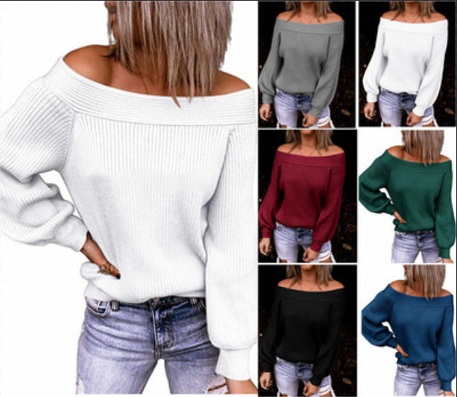 Off-the-Shoulder Large Size Loose Sweater Autumn and Winter Boat Collar Solid Color Pullover European and American Sweater Women