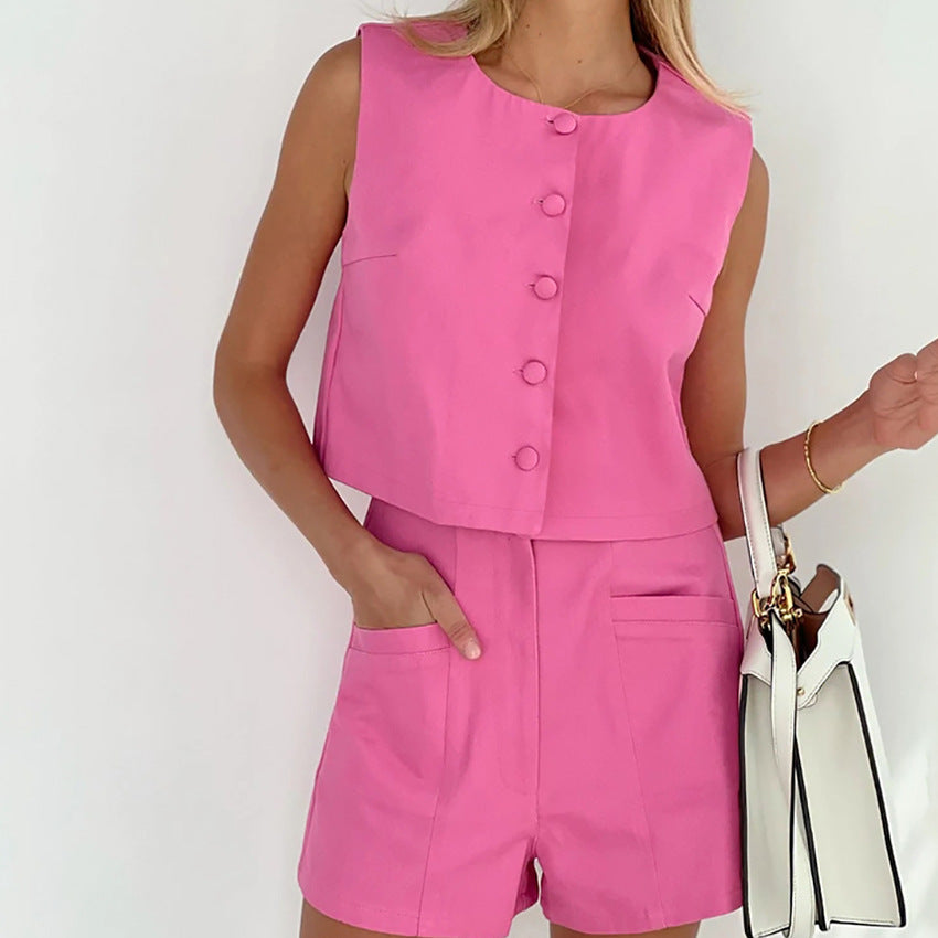 Small Suit Two-Piece Vest High Waist Suit Pants Shorts Suit Ol Commuting Elegant Pink Women