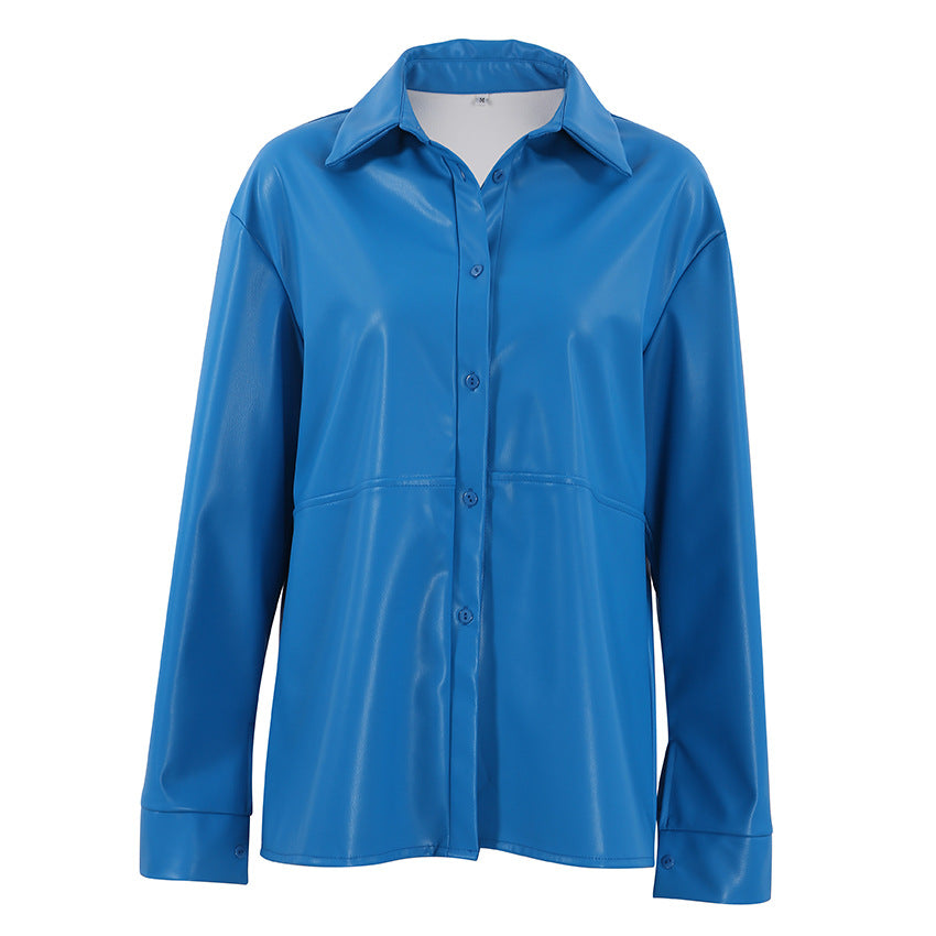 Fashion Crane Blue Matte PU Leather Long Sleeve Cardigan Shirt Street Fashion