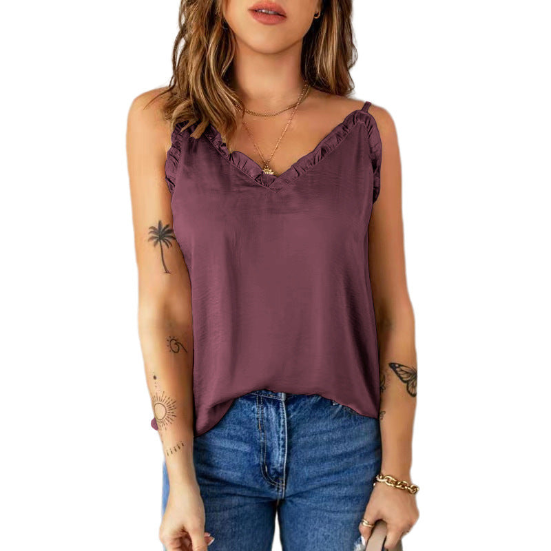 Ruffled Spaghetti-Strap Camisole Top Chiffon Shirt