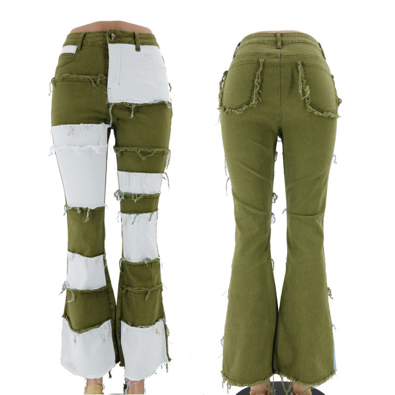 Fashion Color Contrast Patchwork High Waist Tight Hip Horn Women's Denim Trousers