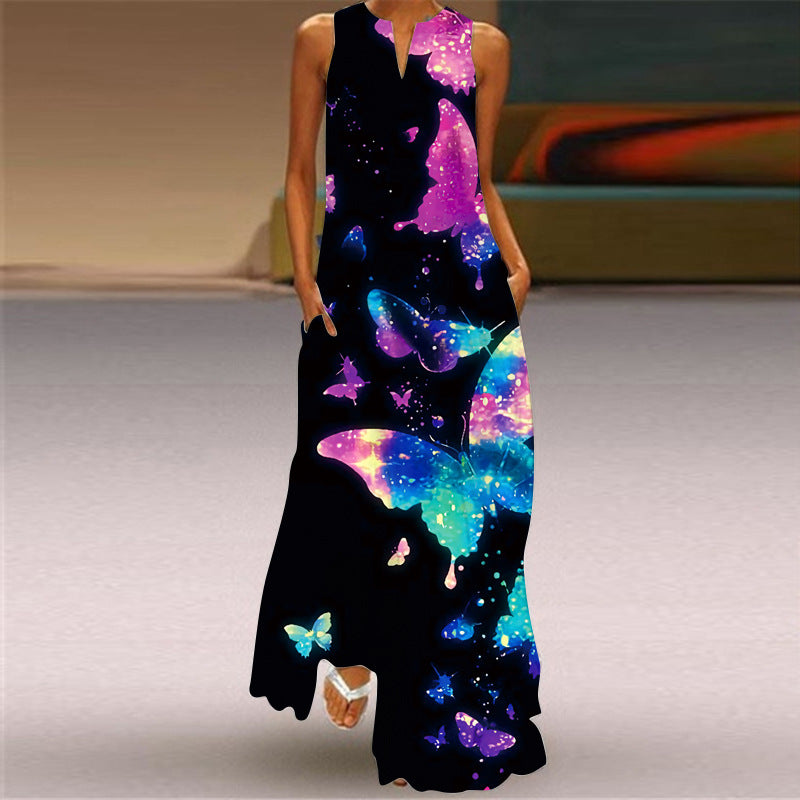 European and American Spring and Summer Fashion Printed Sexy Pocket Maxi Dress