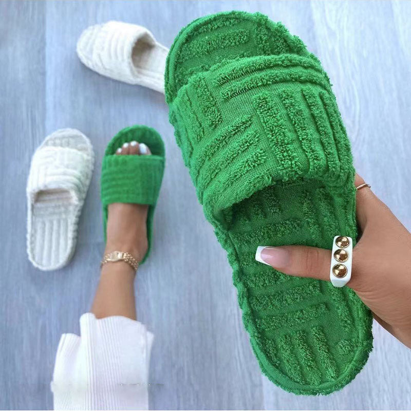One-Word Thick Bottom Fluffy Slippers Women's Embossed Cotton Slippers Large Size Towel Slippers Women