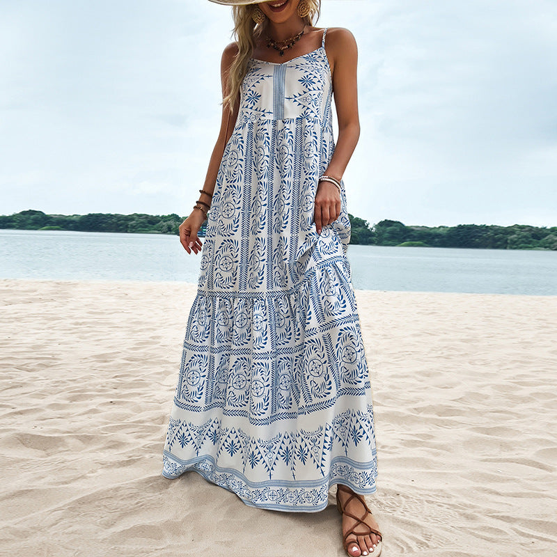 Women's Blue Printed Bohemian Dress with Large Swing and High Waist