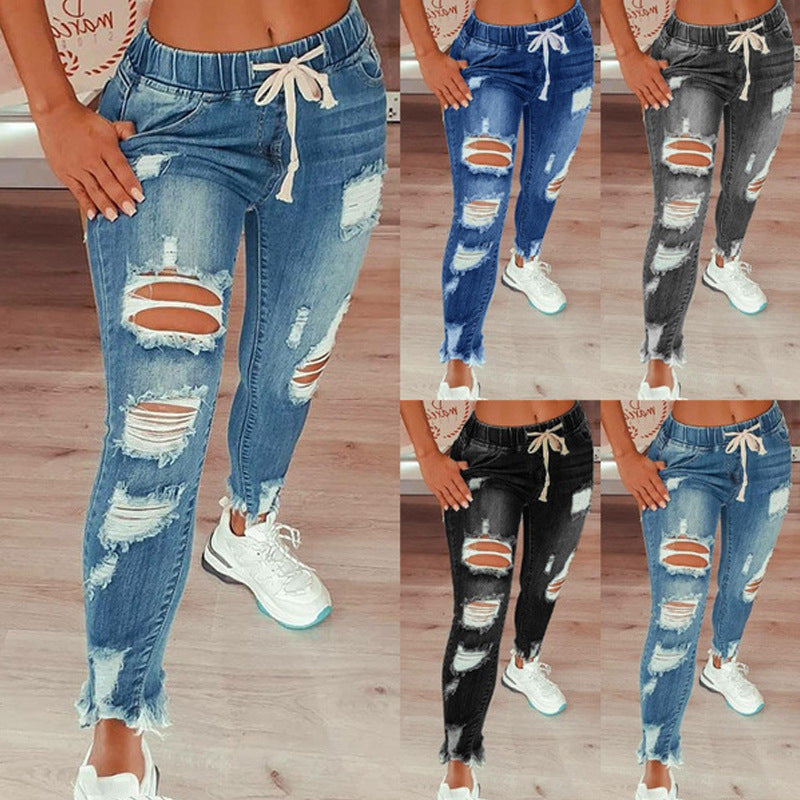 Women's Washed Drawstring Ripped Jeans Casual Street Hipster Jeans