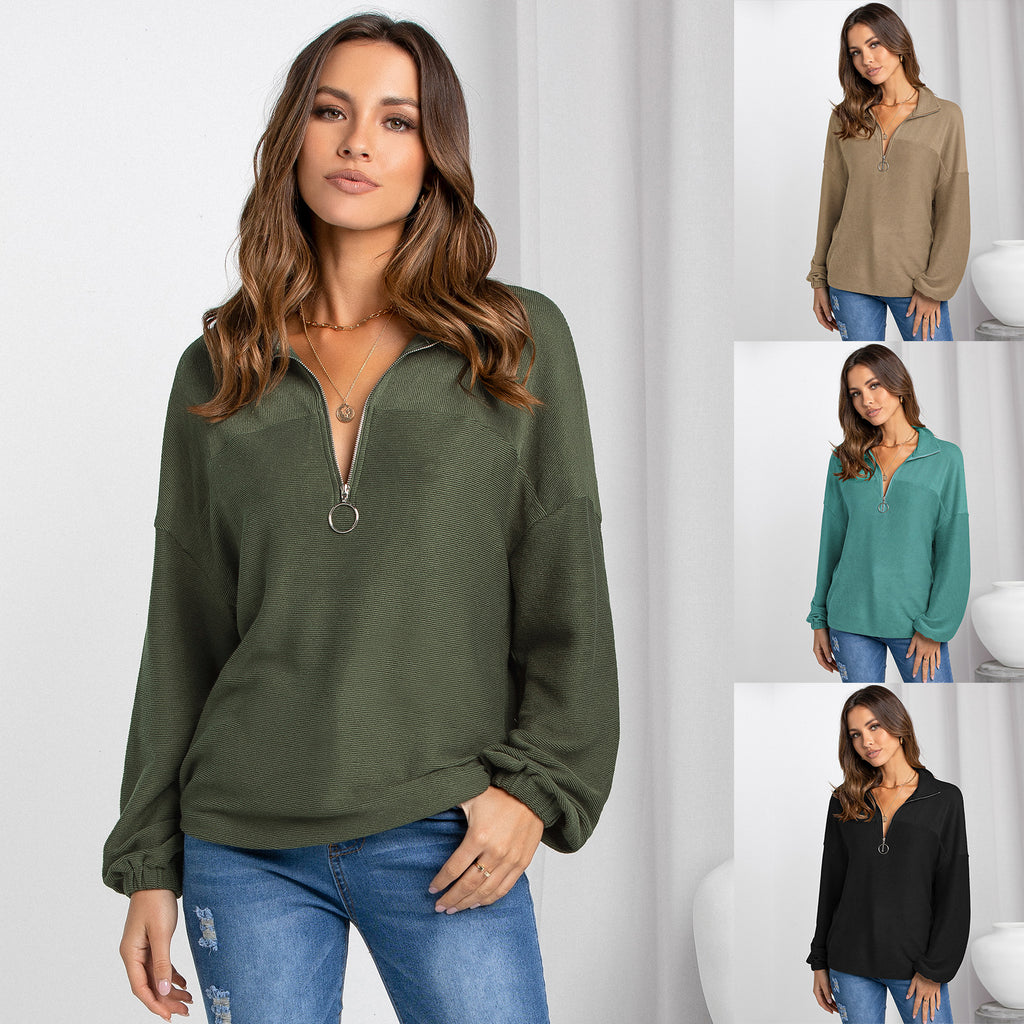 European and American women's clothing autumn and winter new tops women's fashion casual pullover V-neck solid color loose sweater