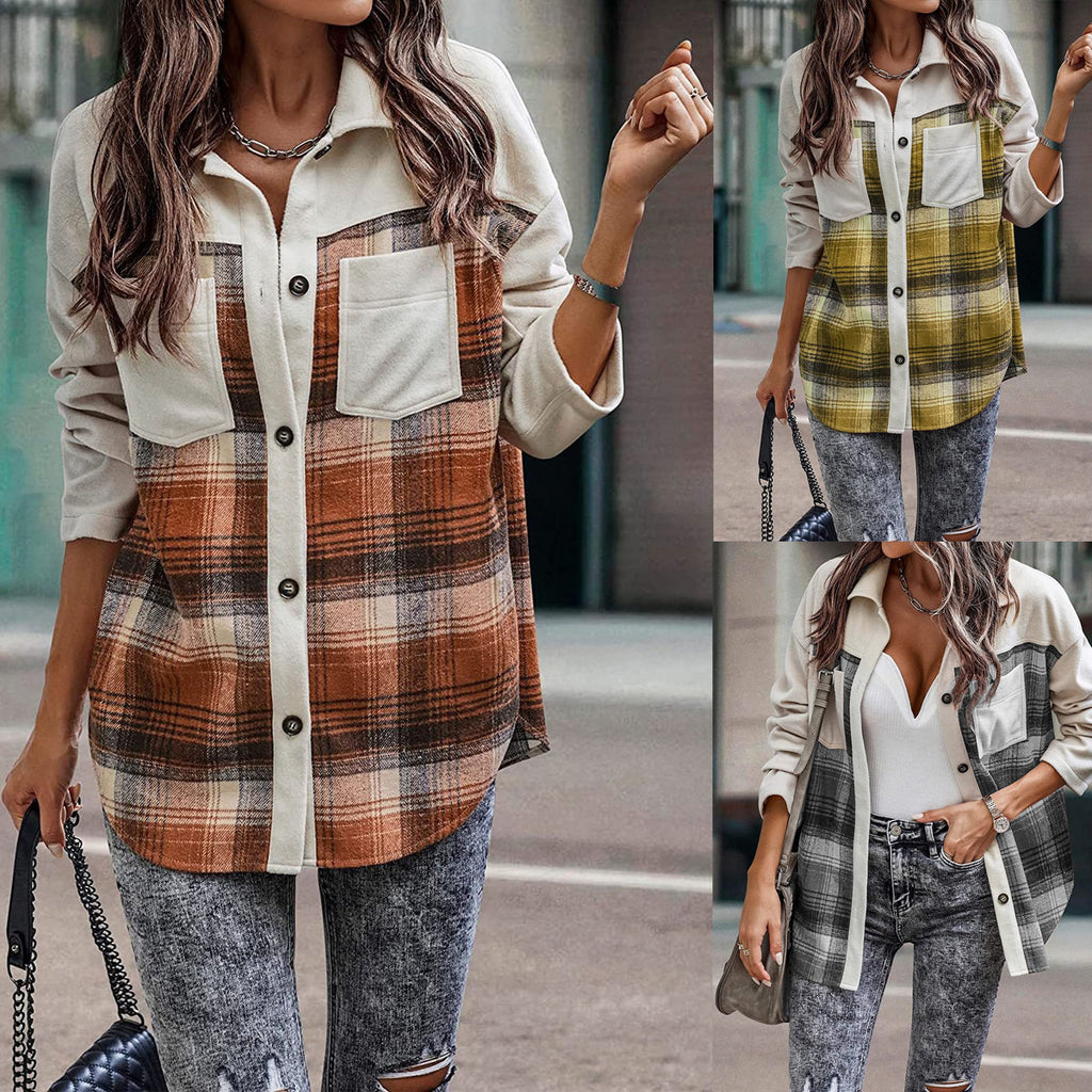 Woolen Plaid Coat Contrast Color Casual Loose Pockets Shirt for Women