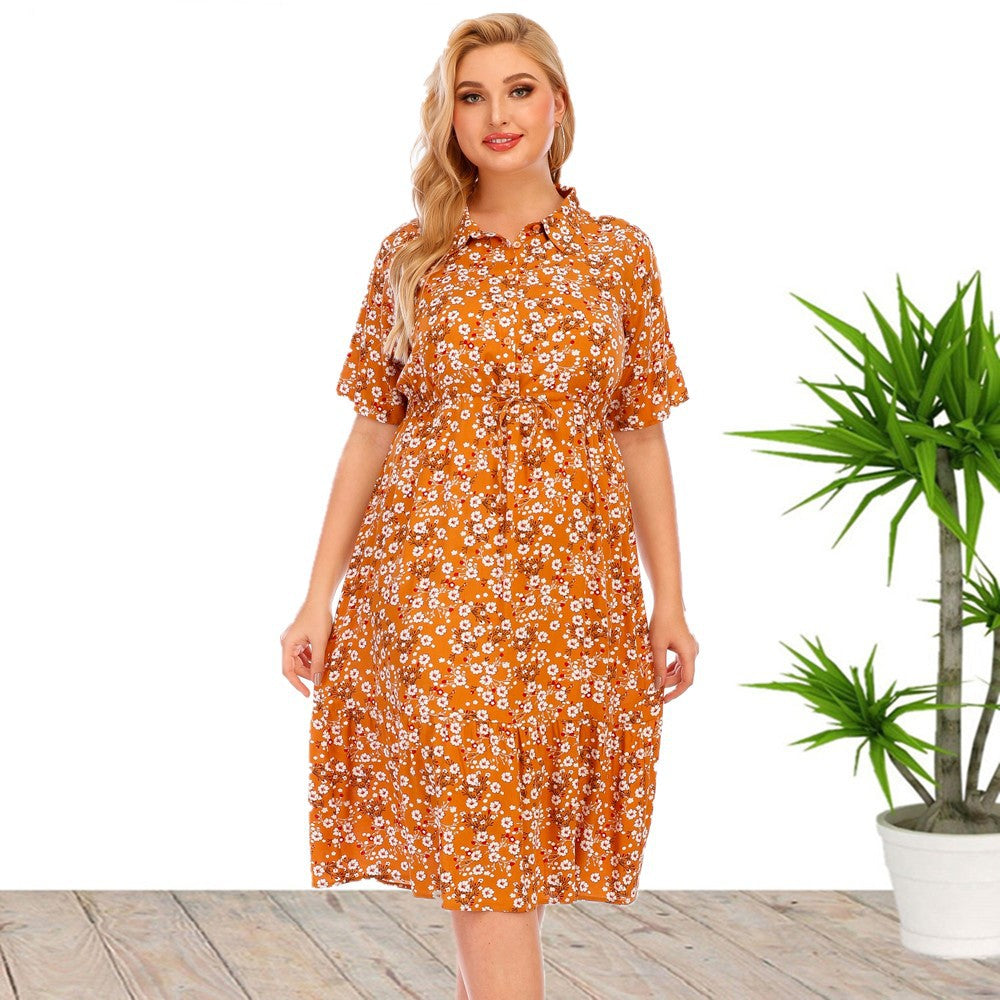 plus Size Women's Clothes Short Sleeve Blouse Collar Printed Dress