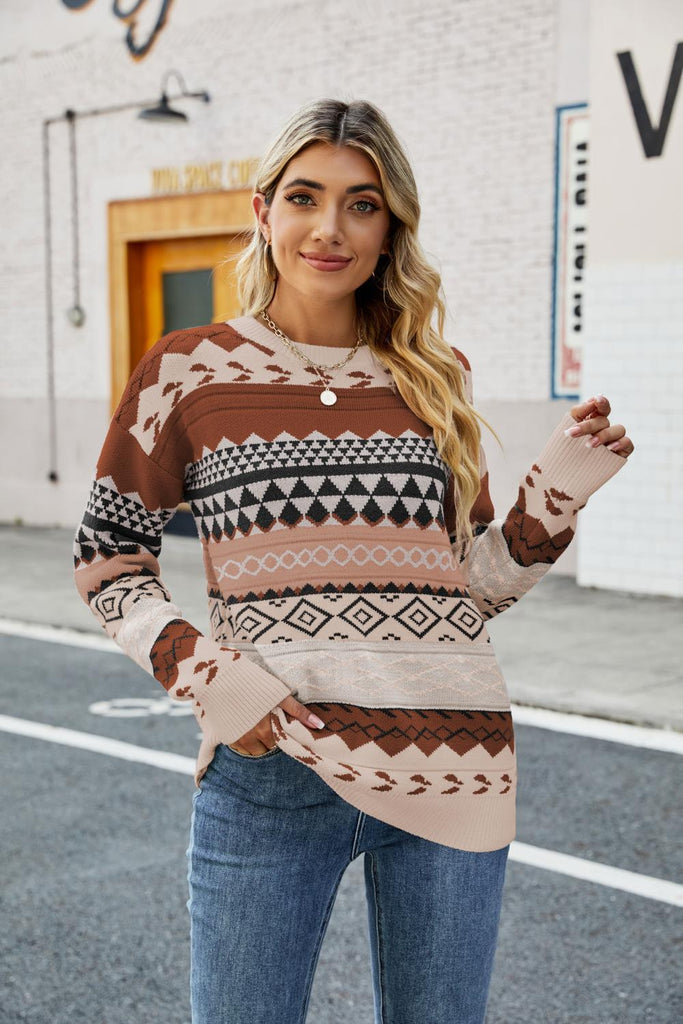 Retro Pattern Rhombus Jacquard Multi-Color Mosaic Knitwear Loose Crew Neck Pullover Sweater Women