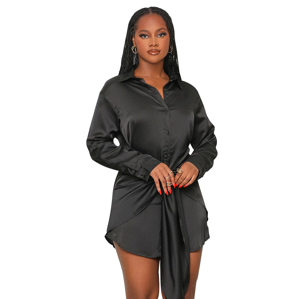 Shirt Dress Solid Color Sexy Waist Trimming Dress