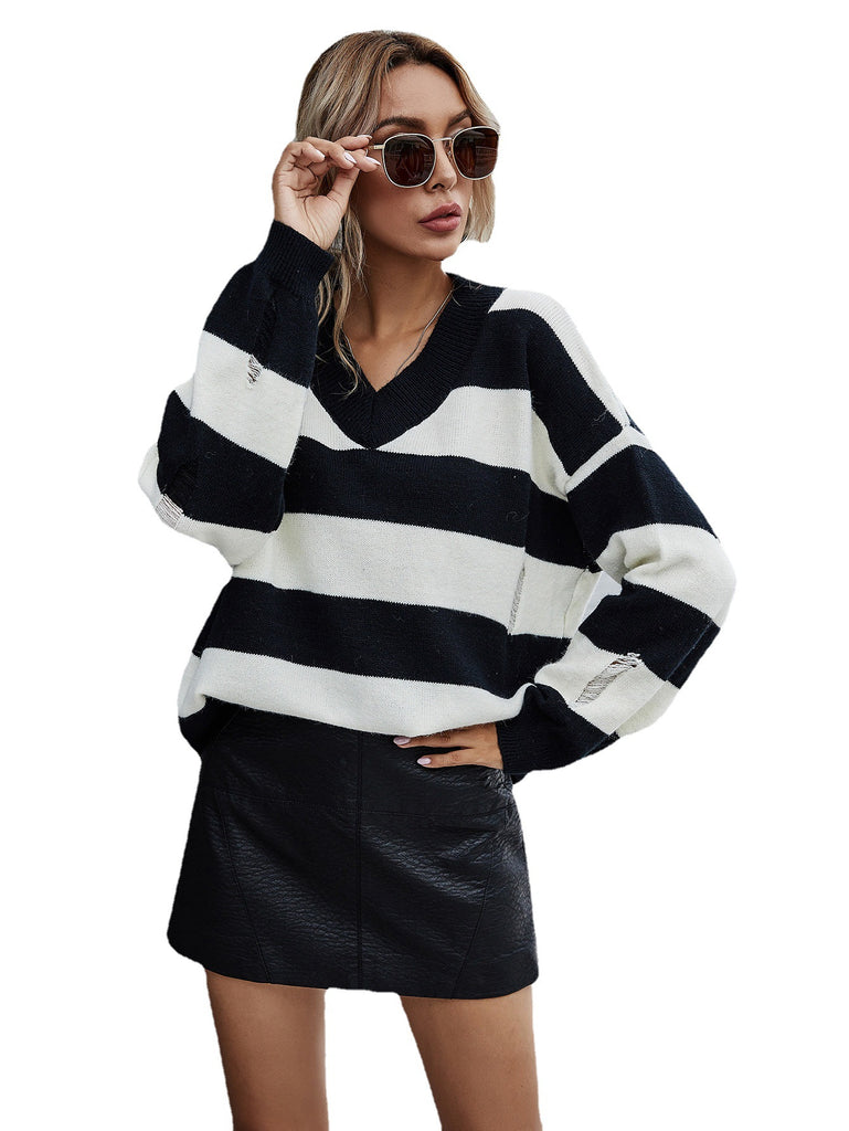 Women's Mid-Length Striped V-neck Hole Loose Sweater