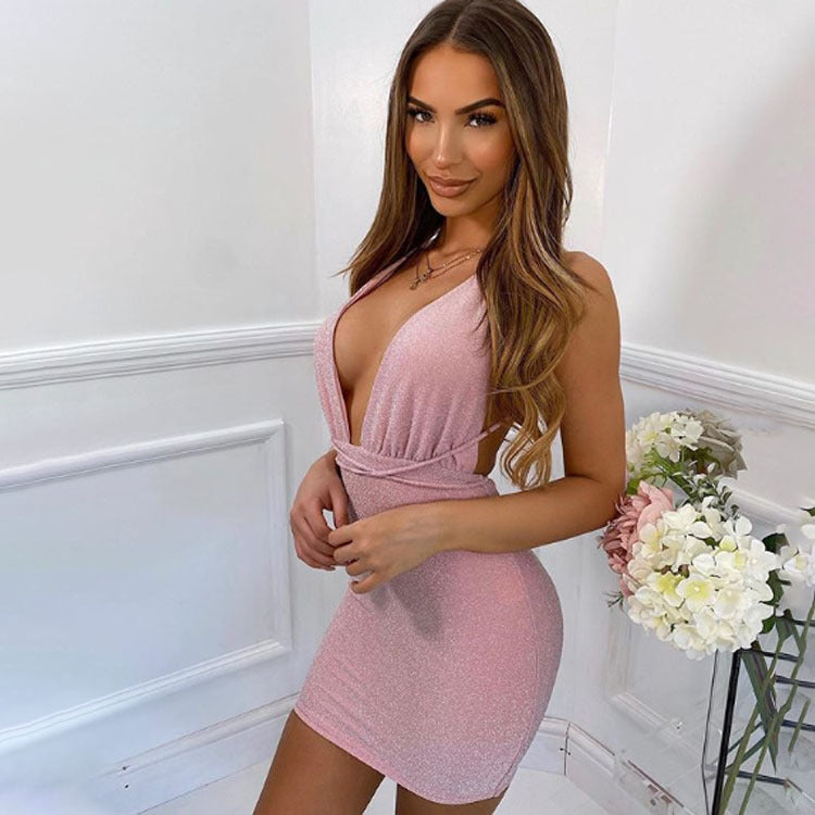European and American Fashion V-neck Lace up Sexy Dress for Women