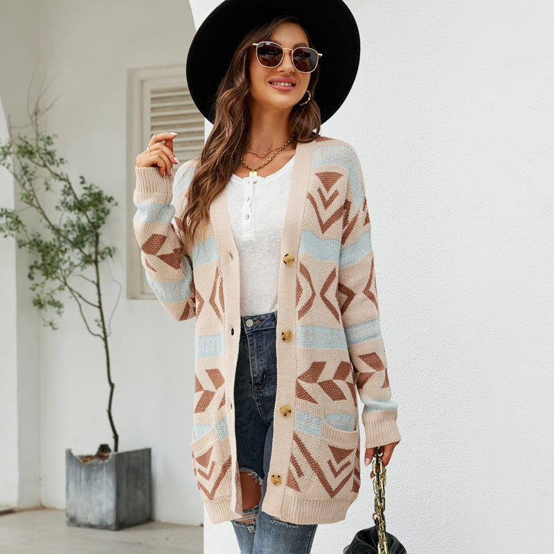 Diamond Loose Knitted Cardigan Jacquard Mid-Length Sweater Coat