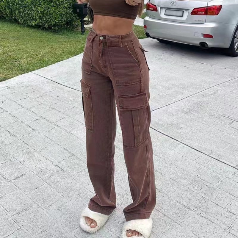 All-Matching Multi-Pocket Cargo Pants Loose Casual Denim Trousers Women