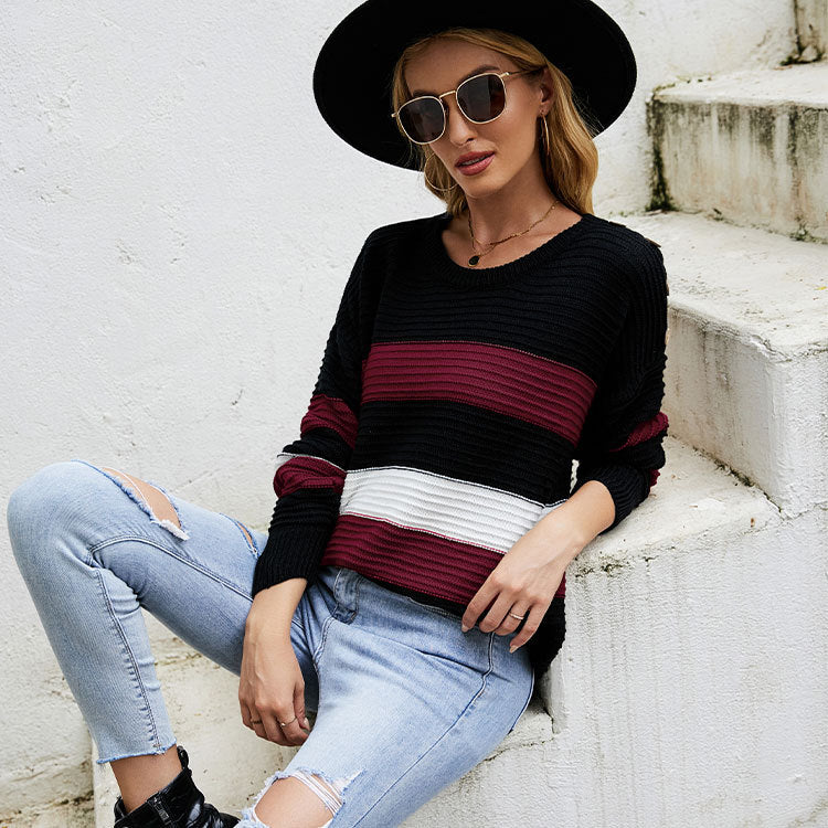 Large Size round Neck Striped Sweater European and American Stitching Pullover Long Sleeve Sweater Women's Clothing
