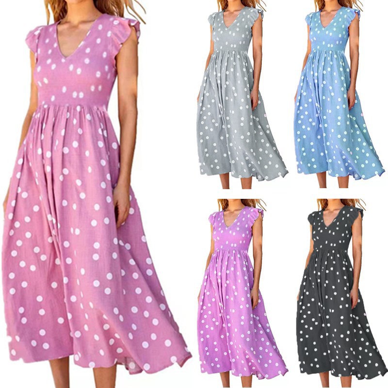 Bestseller V-neck Tight Waist Large Skirt Polka Dot Printed Dress for Women