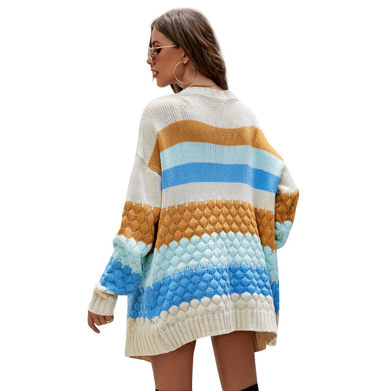 Mid-Length Knitted Cardigan European and American Women's Clothing Striped Contrast Color Sweater Coat
