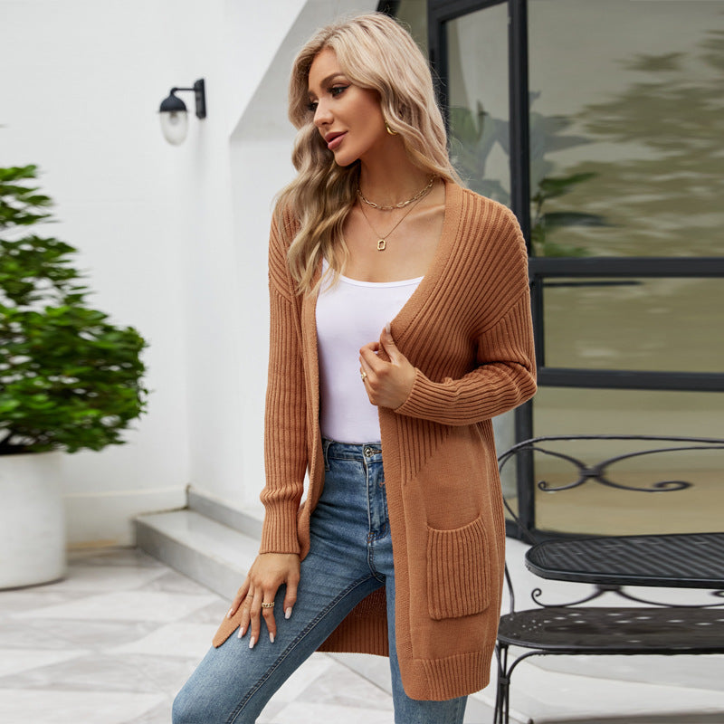 European and American Women's Clothing Versatile Solid Color Knitted Cardigan Long Slim Fit Sweater Coat