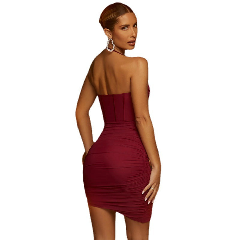 Pleated Mesh Fishbone Irregular Halter Fashion Dress