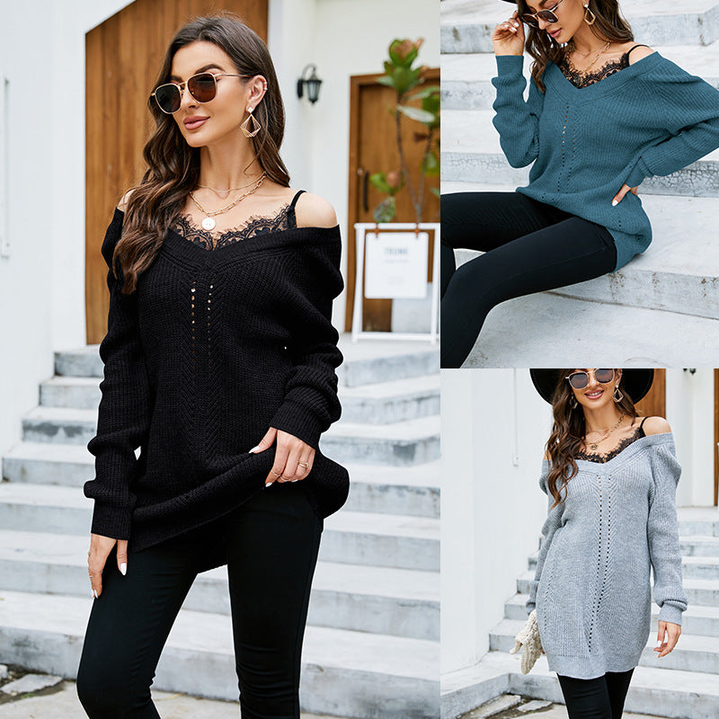 Long Sleeve Top Strapless Sexy V-neck Sweater Lace Stitching Mid-Length Pullover Sweater