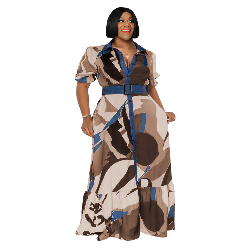 Bestseller Colorful Printed Dress with Belt Loose plus Size Women's Clothing