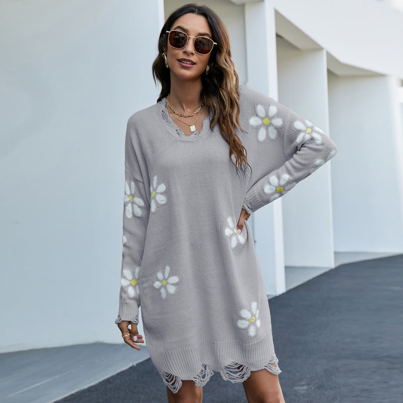 European and American Women's Clothing Long Crew Neck Pullover Sweater Flower Loose Knitted Dress