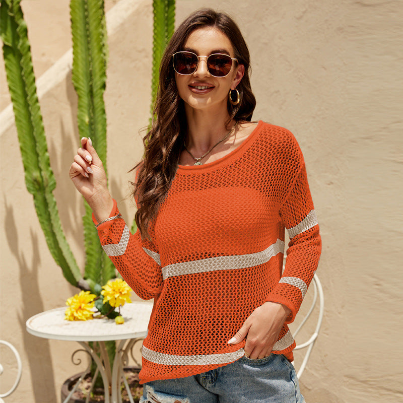 Outer Wear Thin Long-Sleeved Knitted Top Loose All-Match round Neck Striped Hollow Sweater