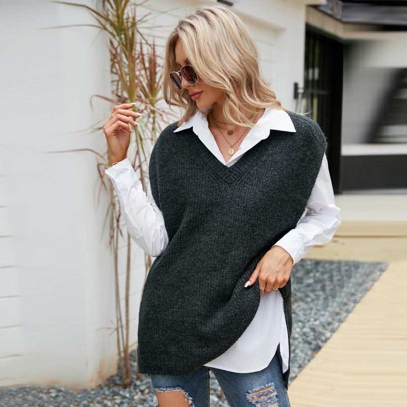 Casual Vest Top Mid-Length Sleeveless V-neck Sweater Loose Outer Wear Knitted Vest