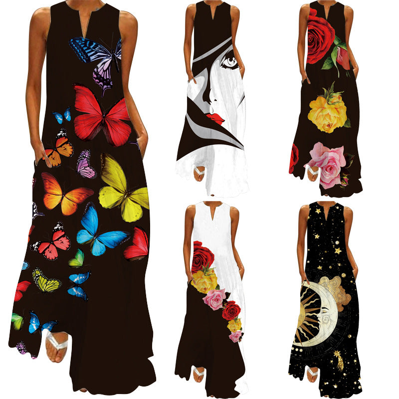 European and American Spring and Summer Fashion Printed Sexy Pocket Maxi Dress