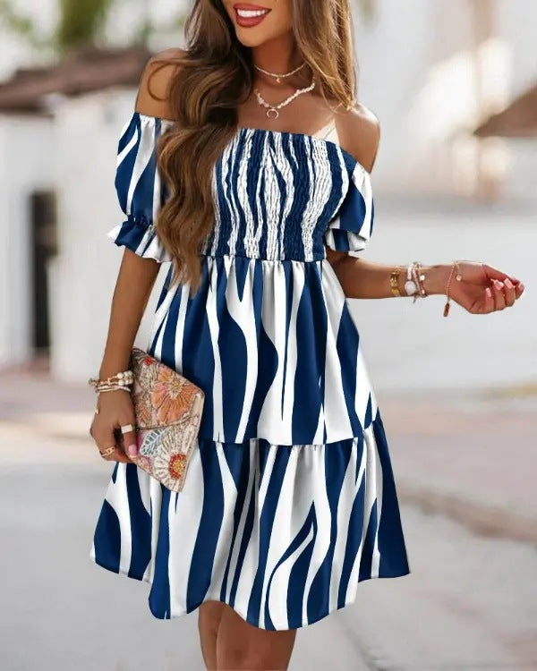 Short Sleeve off-Neck Fitted Waist Pleated Printed Dress