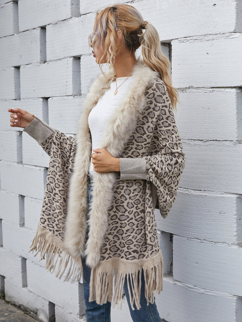 Leopard-Print Sweater Autumn and Winter New Fur Collar Cardigan Shawl Knitted Coat