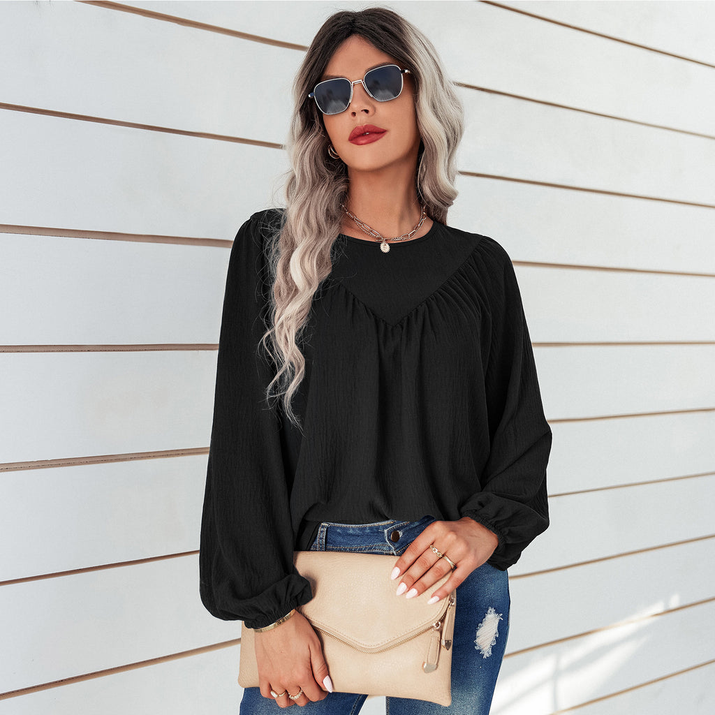 2022 Early Autumn New Top Women's Solid Color round Neck Pullover Shirt Loose Shirt