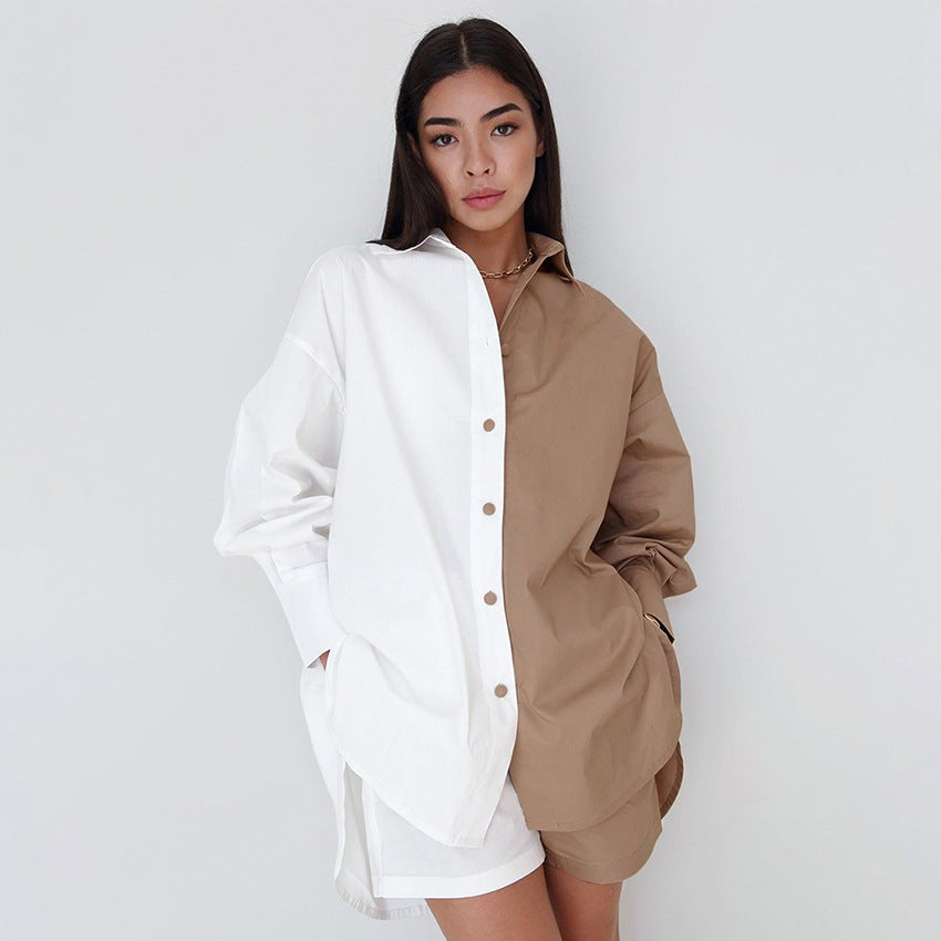 European and American Commuter Fashion Casual Set Women's Stitching Contrast Color Shirt Shorts Cotton Two-Piece Set