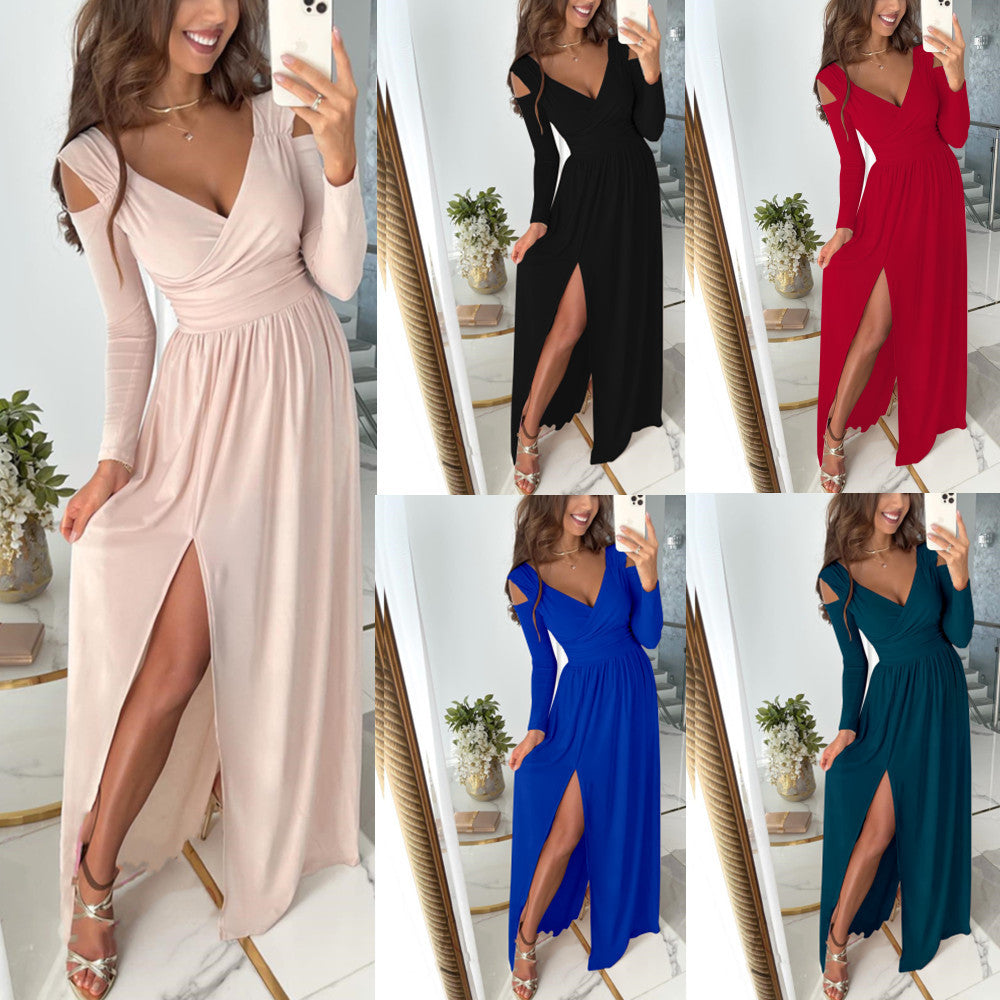 Women's Long-Sleeved V-neck Solid Color Hem Split Dress