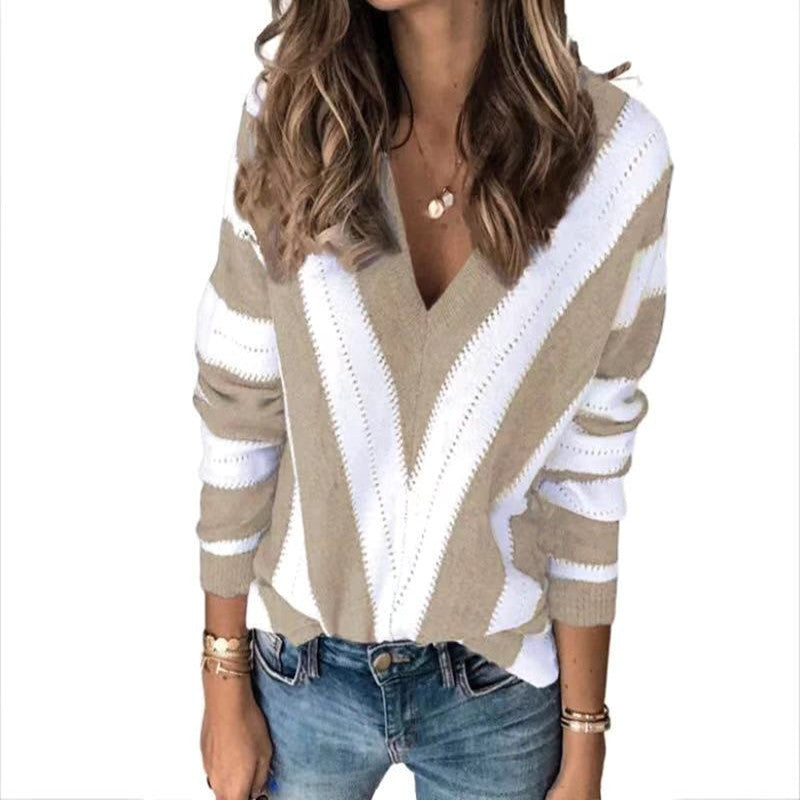 Autumn Winter V-neck Sweater Loose Stitching Color Simple All-Match Large Size Sweater