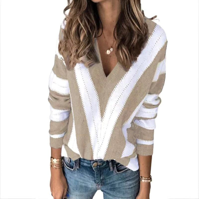 Bestseller V-neck Sweater Loose Color Matching Simple All-Match Large Size Sweater