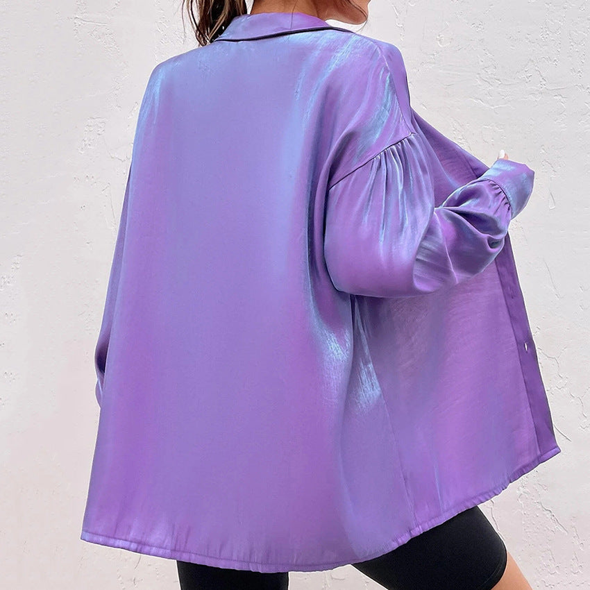 Ice Silk Pendant Shirt Purple Bright Silk Loose Long Sleeve Niche Fashionable All-Match Shirt Cross-Border